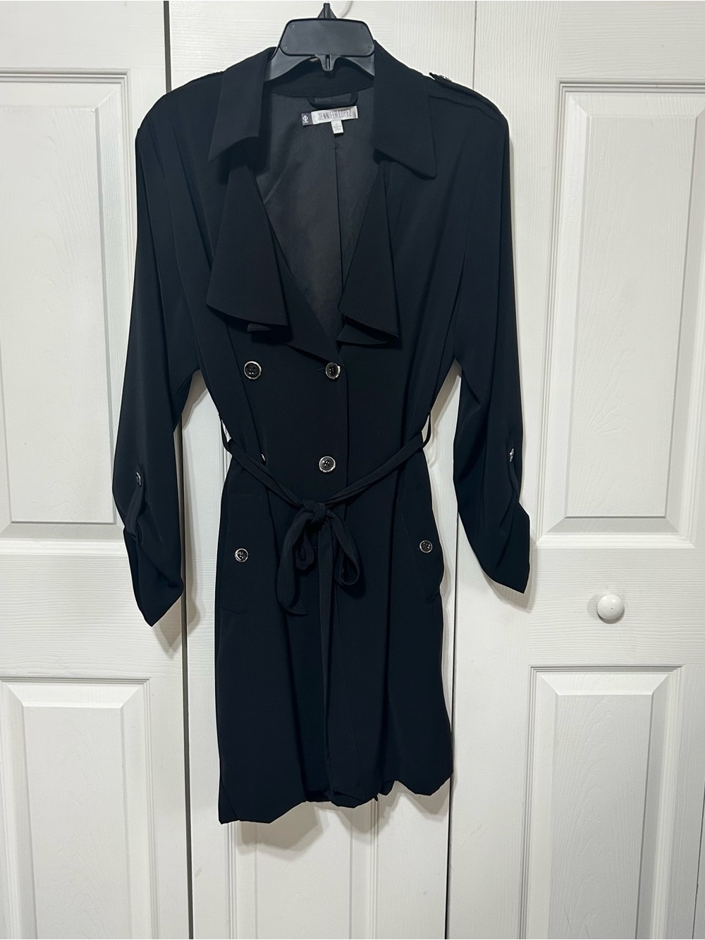 Jennifer Lopez Black Long-Sleeve Double-Breasted Tie-Waist Dress